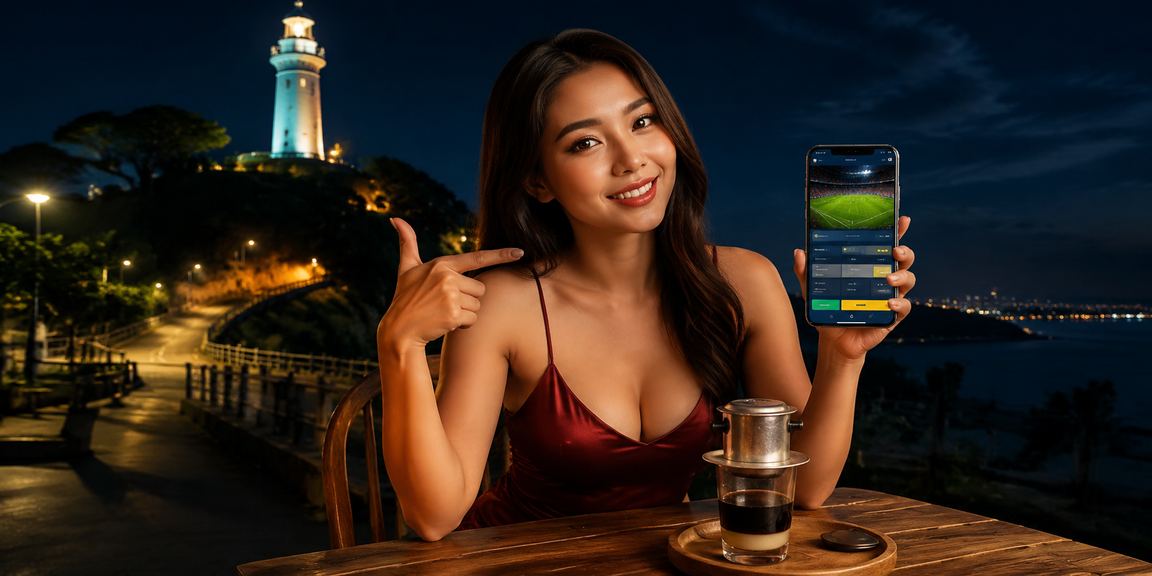 Người dùng tại Vũng Tàu theo dõi kèo cá cược thể thao trực tuyến trên điện thoại bên ly cà phê